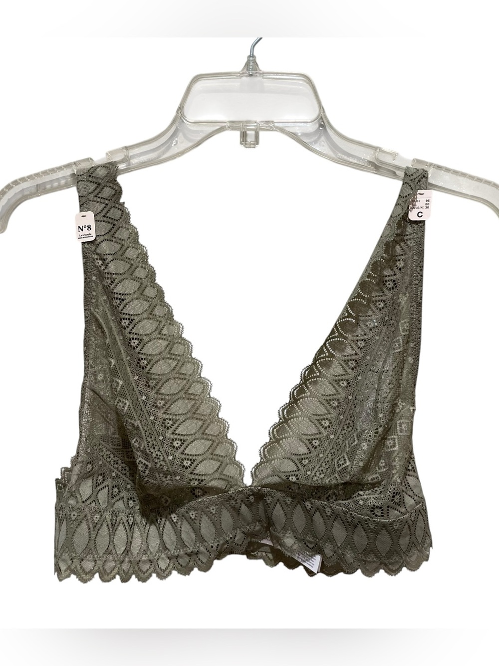Etam Gravure Triangle Lace Bralette Sage Green Women’s Size 36C Wireless NWT